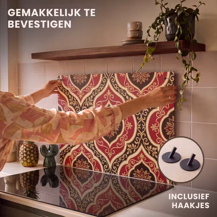 Inductiebeschermer & spatscherm (2in1) - Patroon - Ornament - Barok - Rood - Goud — 7
