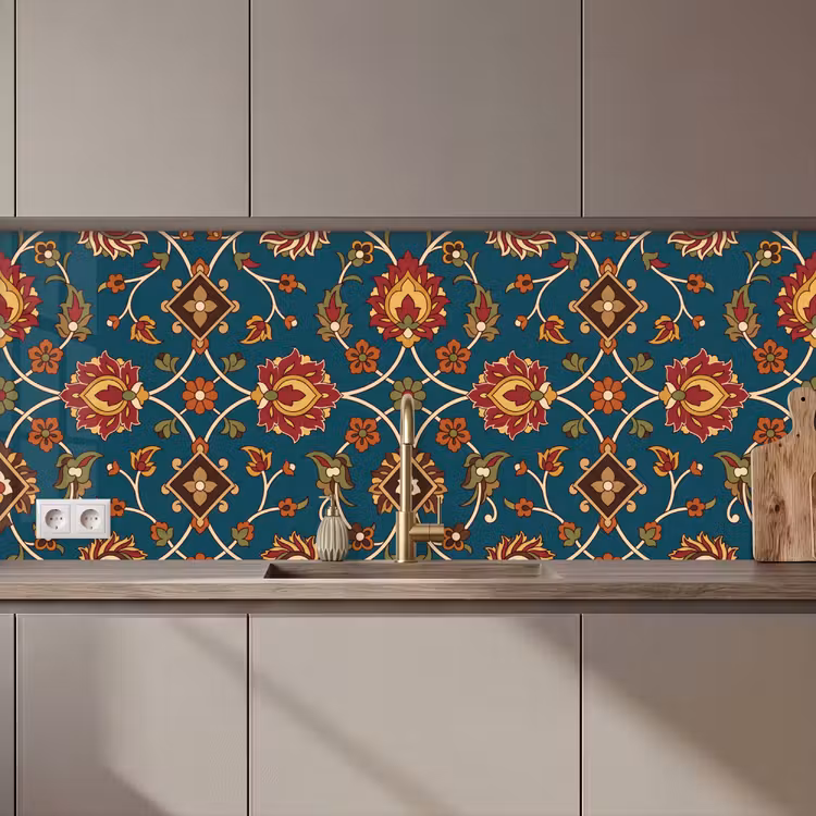 Keuken achterwand - Ornament - Flora - Traditioneel - Klassiek - Blauwgroen — 1
