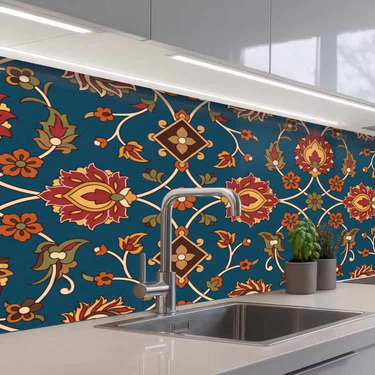 Keuken achterwand - Ornament - Flora - Traditioneel - Klassiek - Blauwgroen — 2
