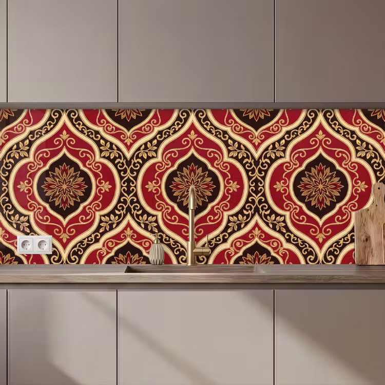 Keuken achterwand - Patroon - Ornament - Barok - Rood - Goud — 1