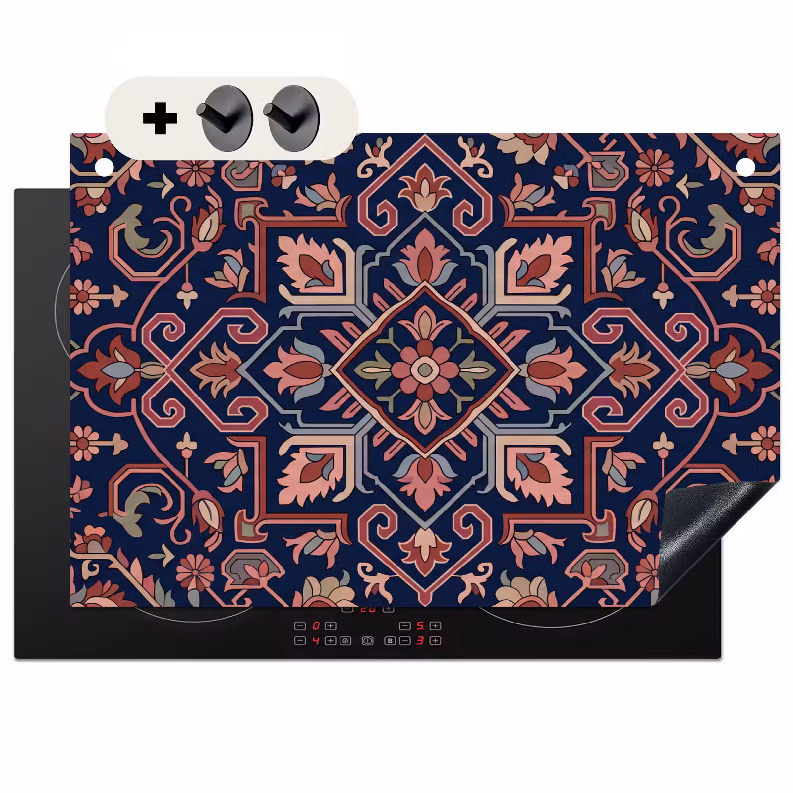 Inductiebeschermer & spatscherm (2in1) - Patroon - Oosters - Floraal - Blauw - Klassiek — 1
