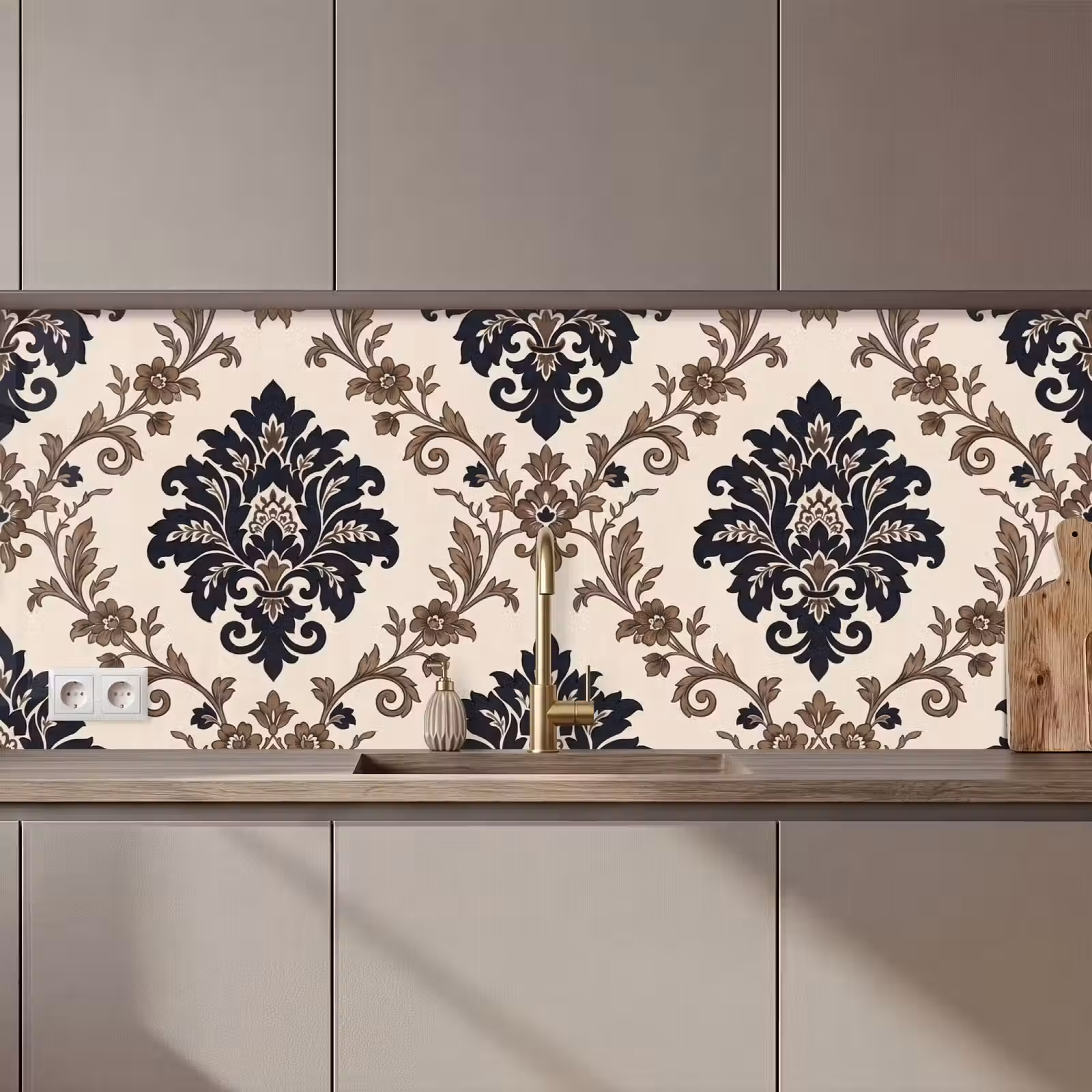 Keuken achterwand - Patroon - Floraal - Klassiek - Beige-blauw — 1