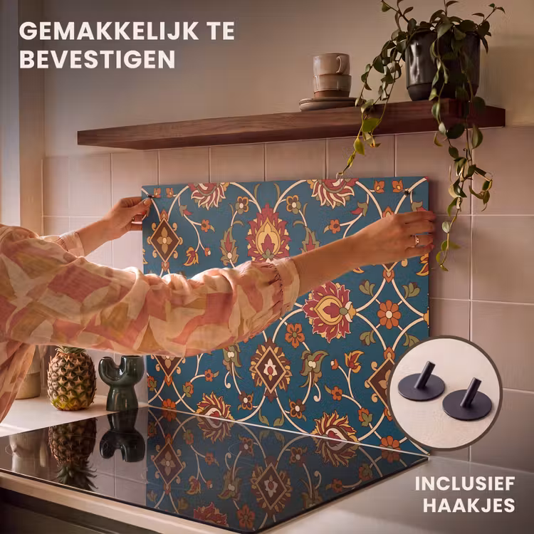 Inductiebeschermer & spatscherm (2in1) - Ornament - Flora - Traditioneel - Klassiek - Blauwgroen — 7