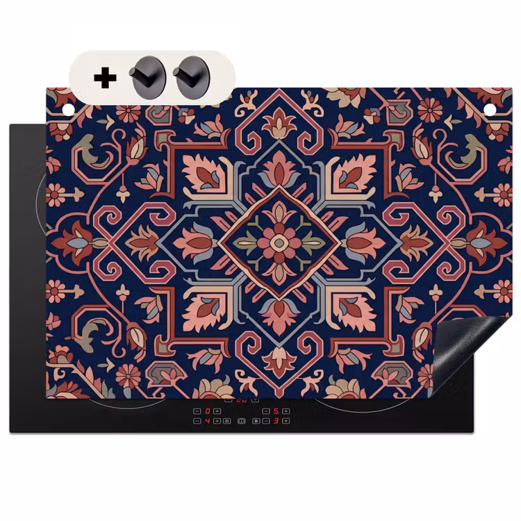 Inductiebeschermer & spatscherm (2in1) - Patroon - Oosters - Floraal - Blauw - Klassiek — 1