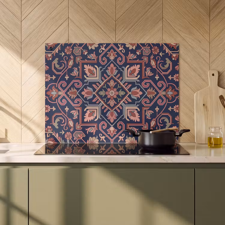 Inductiebeschermer & spatscherm (2in1) - Patroon - Oosters - Floraal - Blauw - Klassiek — 2