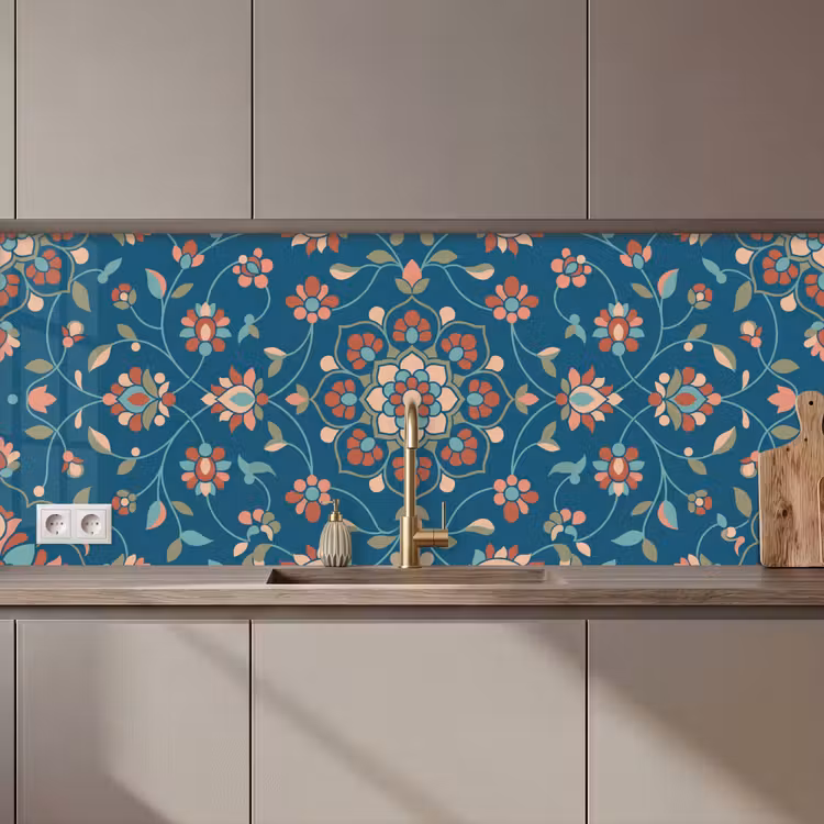 Keuken achterwand - Bloemen - Patroon - Natuur - Ornament - Blauw — 1