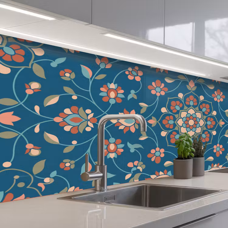 Keuken achterwand - Bloemen - Patroon - Natuur - Ornament - Blauw — 2