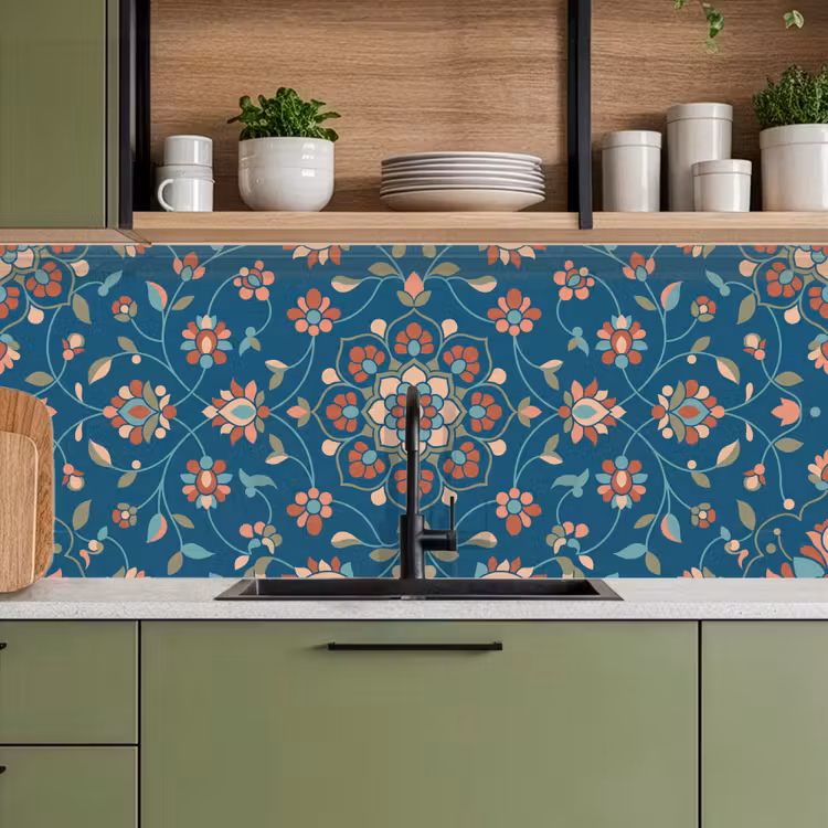 Keuken achterwand - Bloemen - Patroon - Natuur - Ornament - Blauw — 8