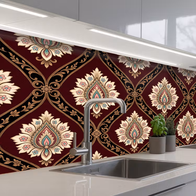 Keuken achterwand - Patroon - Bloemmotief - Decoratie - Klassiek - Rood — 2