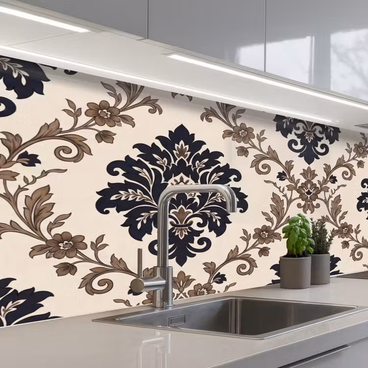 Keuken achterwand - Patroon - Floraal - Klassiek - Beige-blauw — 2
