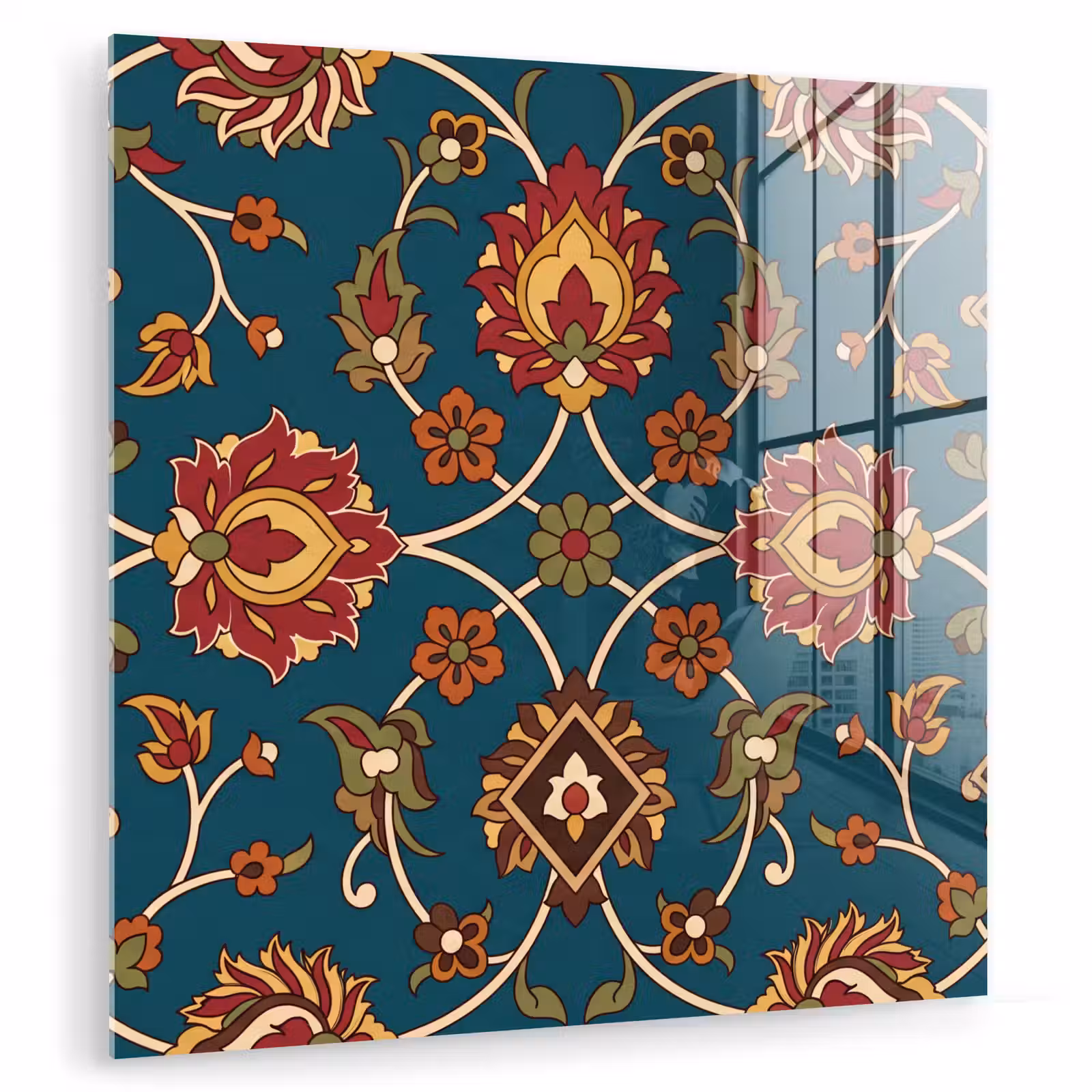 Glas schilderij - Ornament - Flora - Traditioneel - Klassiek - Blauwgroen — 1