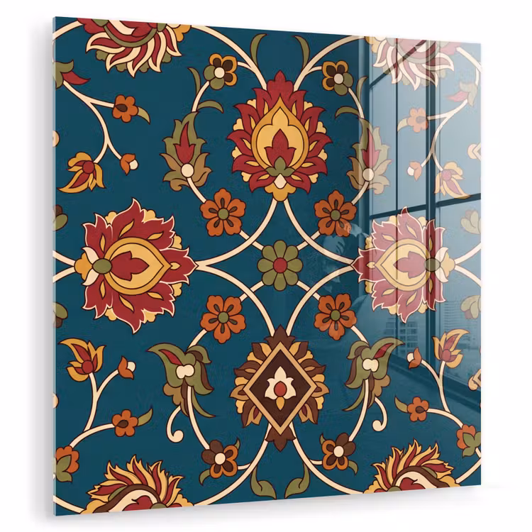 Glas schilderij - Ornament - Flora - Traditioneel - Klassiek - Blauwgroen — 1