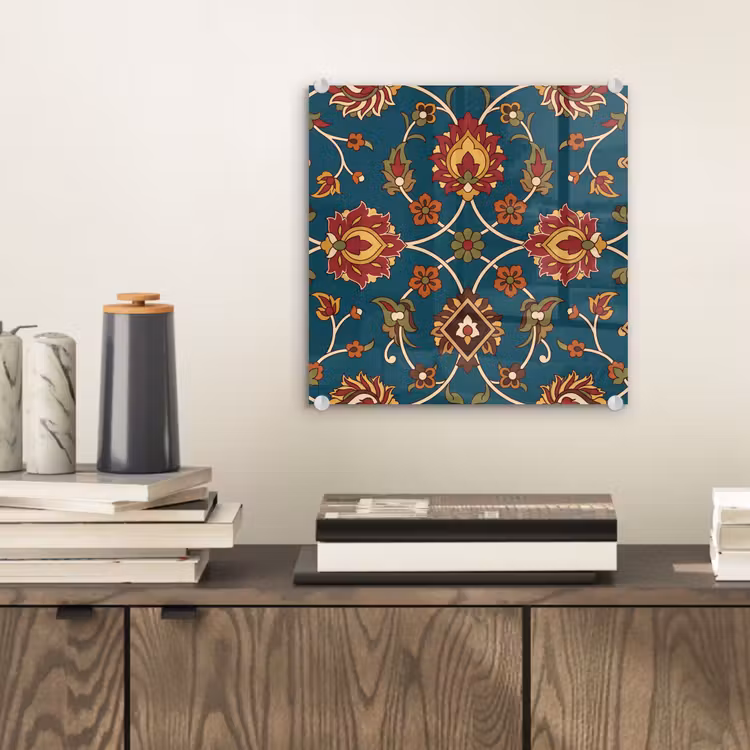 Glas schilderij - Ornament - Flora - Traditioneel - Klassiek - Blauwgroen — 2