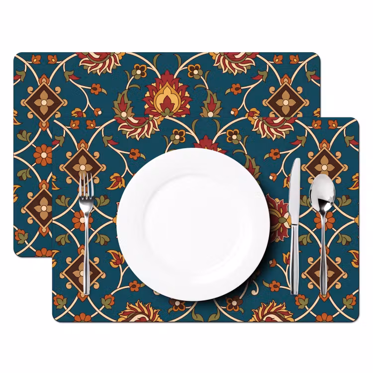 Placemat - 6 stuks - Ornament - Flora - Traditioneel - Klassiek - Blauwgroen — 2