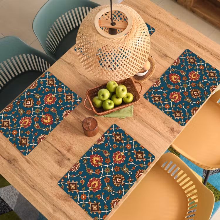 Placemat - 6 stuks - Ornament - Flora - Traditioneel - Klassiek - Blauwgroen — 6