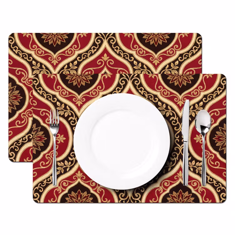 Placemat - 6 stuks - Patroon - Ornament - Barok - Rood - Goud — 2