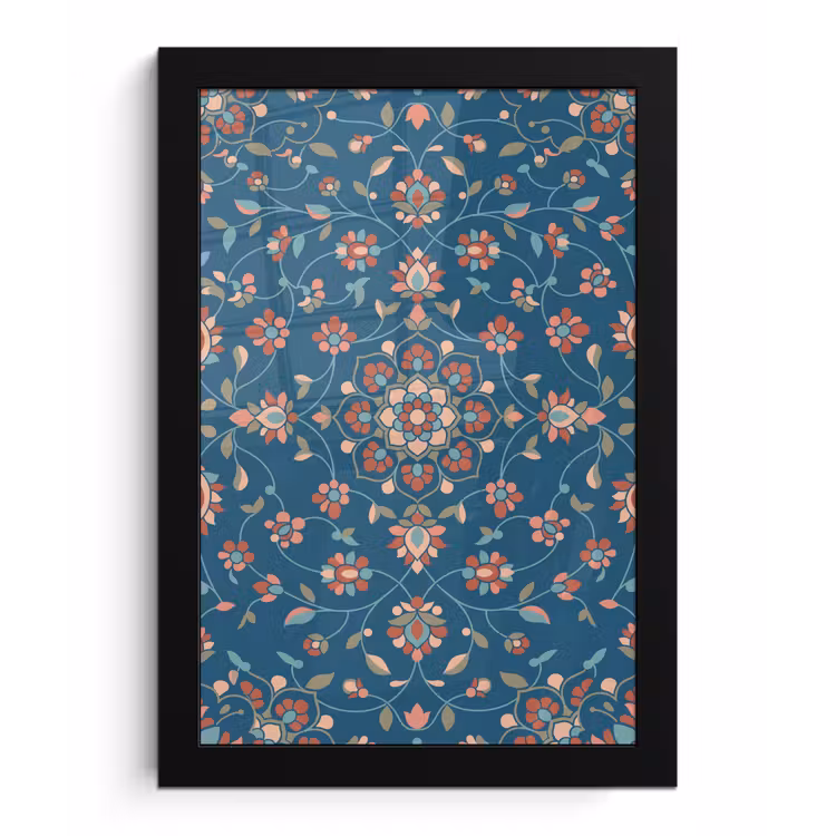 Poster met lijst - Bloemen - Patroon - Natuur - Ornament - Blauw — 1