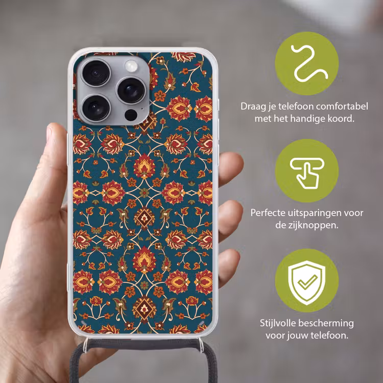 Telefoonhoesje met koord - Ornament - Flora - Traditioneel - Klassiek - Blauwgroen — 4