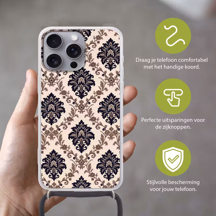 Telefoonhoesje met koord - Patroon - Floraal - Klassiek - Beige-blauw — 4