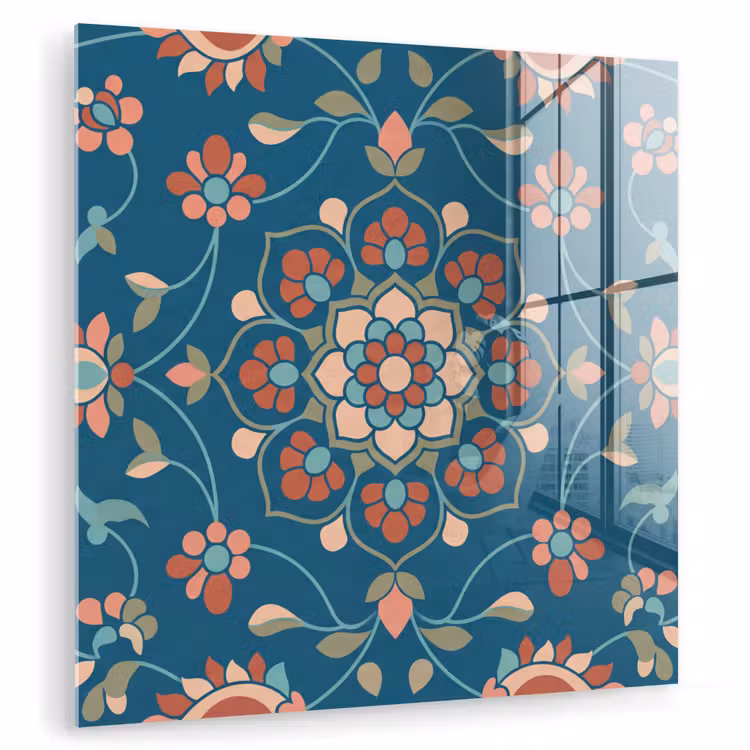 Glas schilderij - Bloemen - Patroon - Natuur - Ornament - Blauw — 1