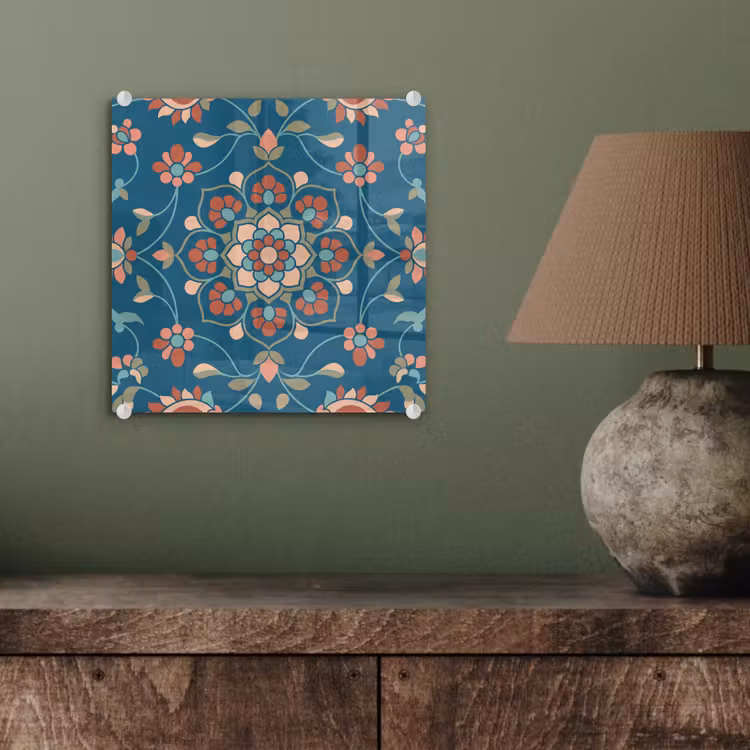 Glas schilderij - Bloemen - Patroon - Natuur - Ornament - Blauw — 4