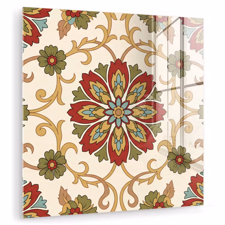 Glas schilderij - Patroon - Bloemen - Ornament - Klassiek - Kleurrijk — 1