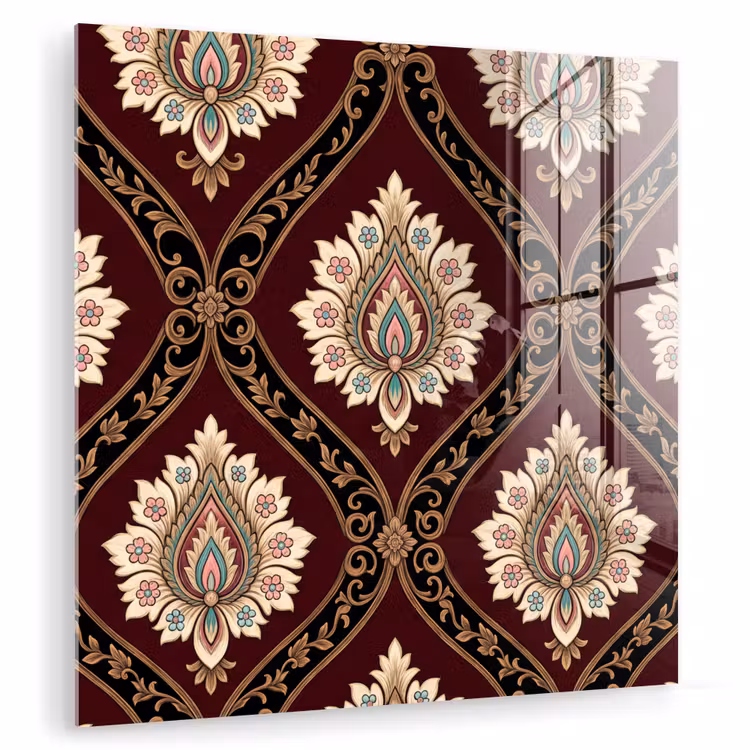 Glas schilderij - Patroon - Bloemmotief - Decoratie - Klassiek - Rood — 1