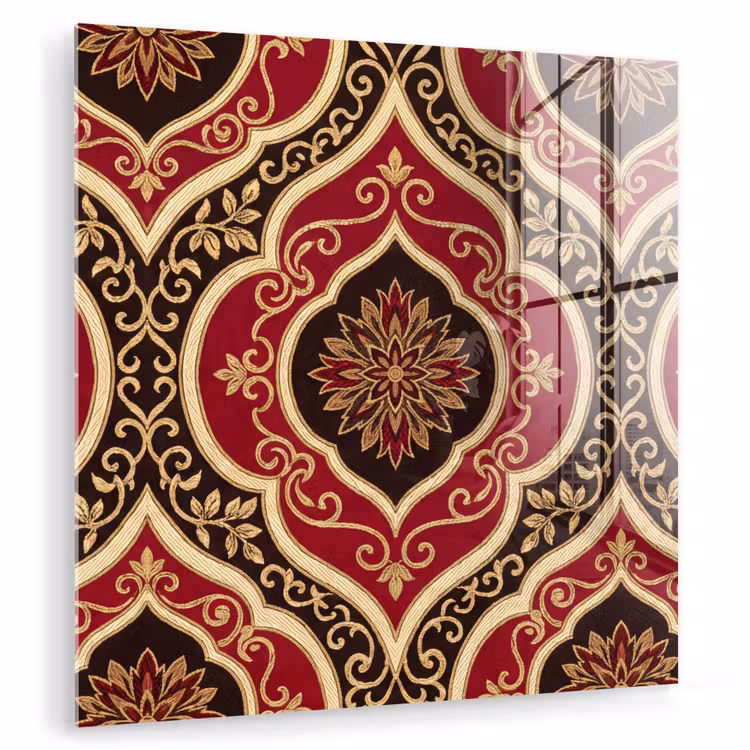 Glas schilderij - Patroon - Ornament - Barok - Rood - Goud — 1