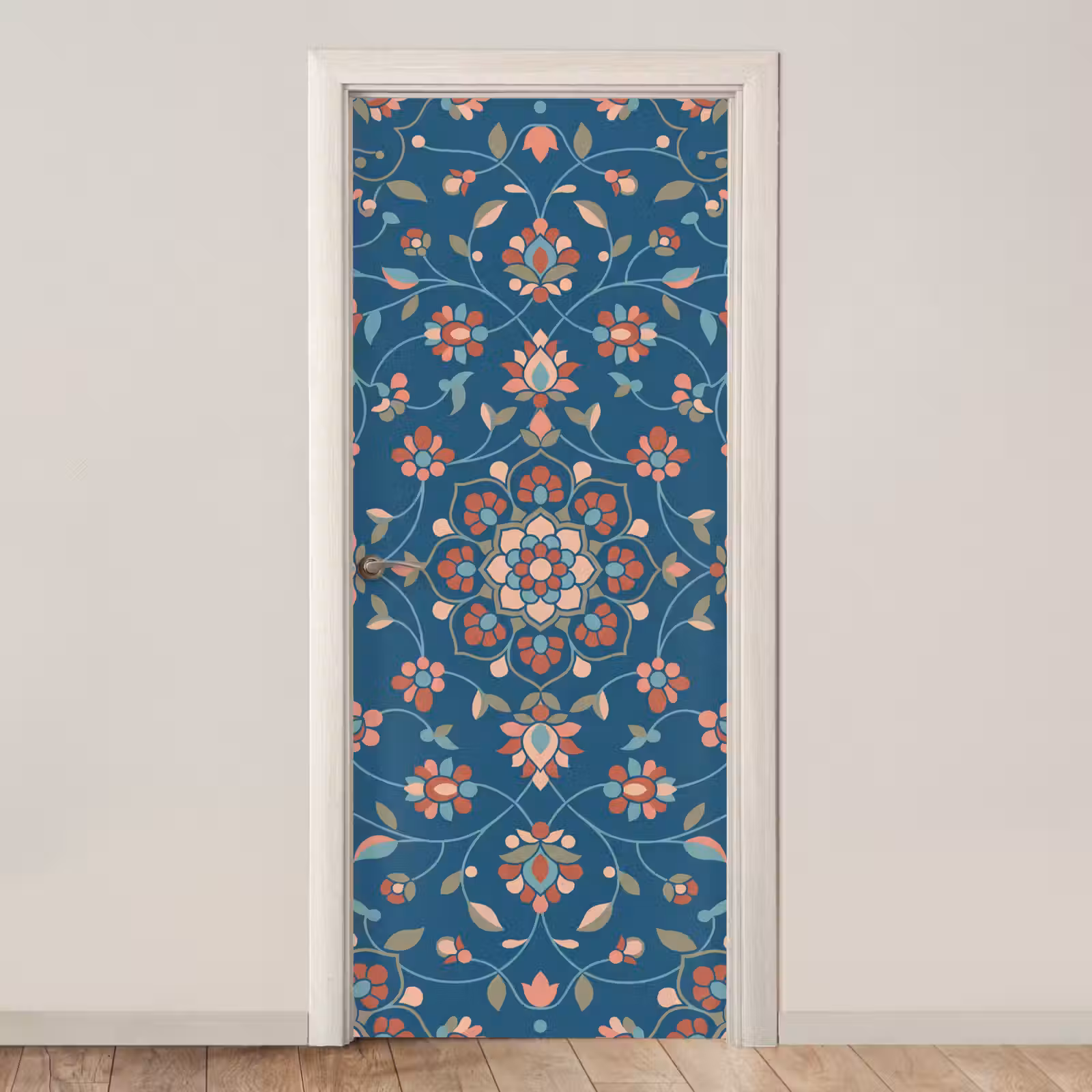 Deursticker - Bloemen - Patroon - Natuur - Ornament - Blauw — 1