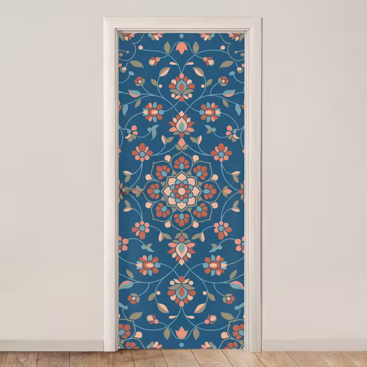 Deursticker - Bloemen - Patroon - Natuur - Ornament - Blauw — 1