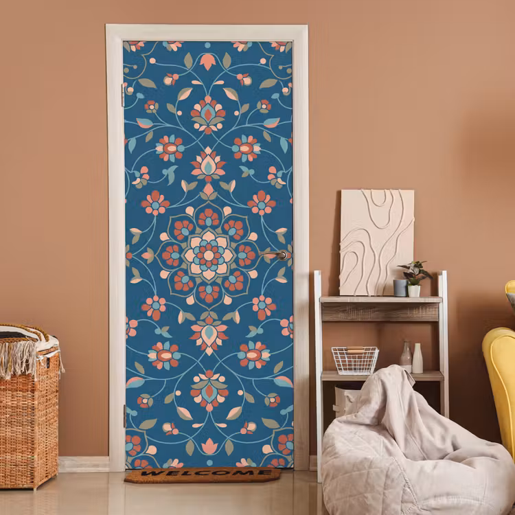Deursticker - Bloemen - Patroon - Natuur - Ornament - Blauw — 2