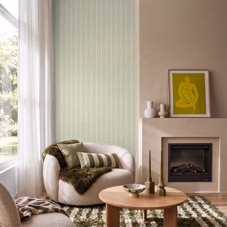 Behang - Saliegroen - Visgraat - Geometrisch - Patroon — 1