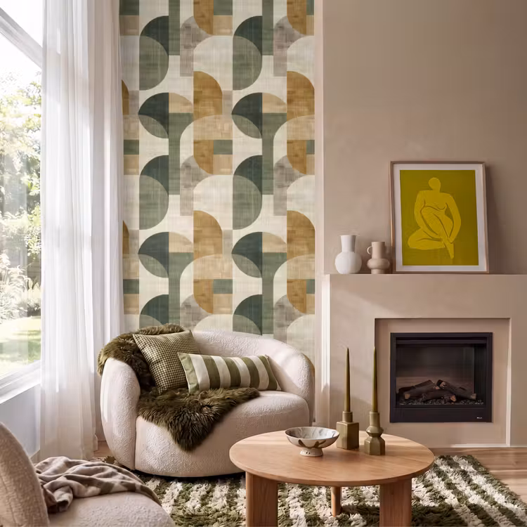 Behang - Olijfgroen - Geometrisch - Abstract - Mid-Century - Linnen - Patroon — 1