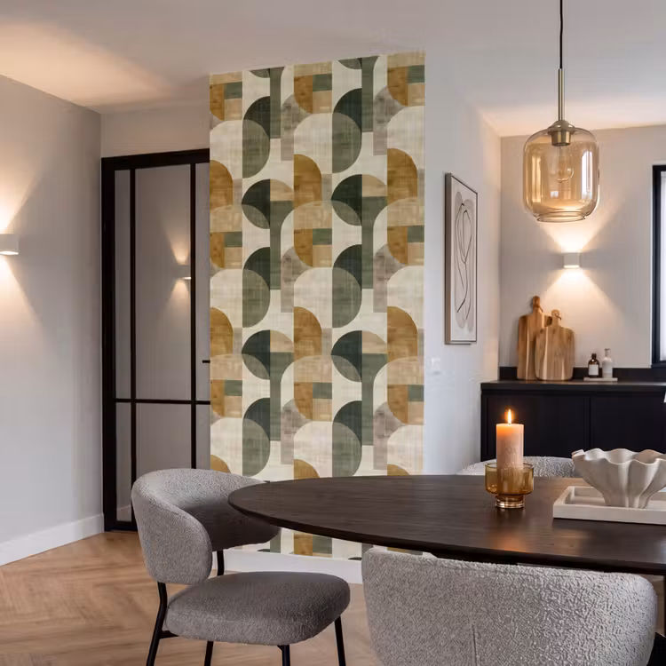 Behang - Olijfgroen - Geometrisch - Abstract - Mid-Century - Linnen - Patroon — 5