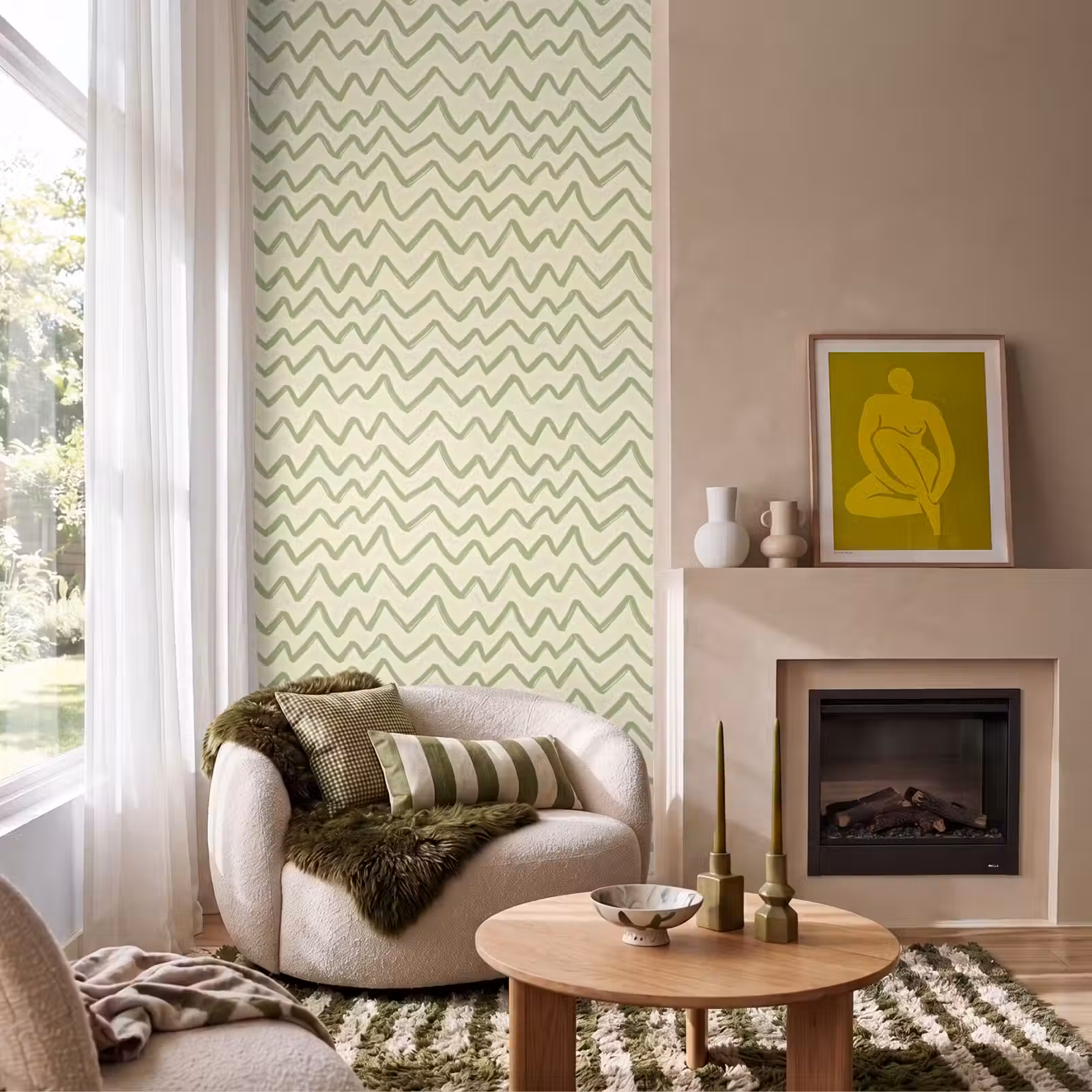 Behang - Saliegroen - Zigzag - Handgetekend - Patroon — 1