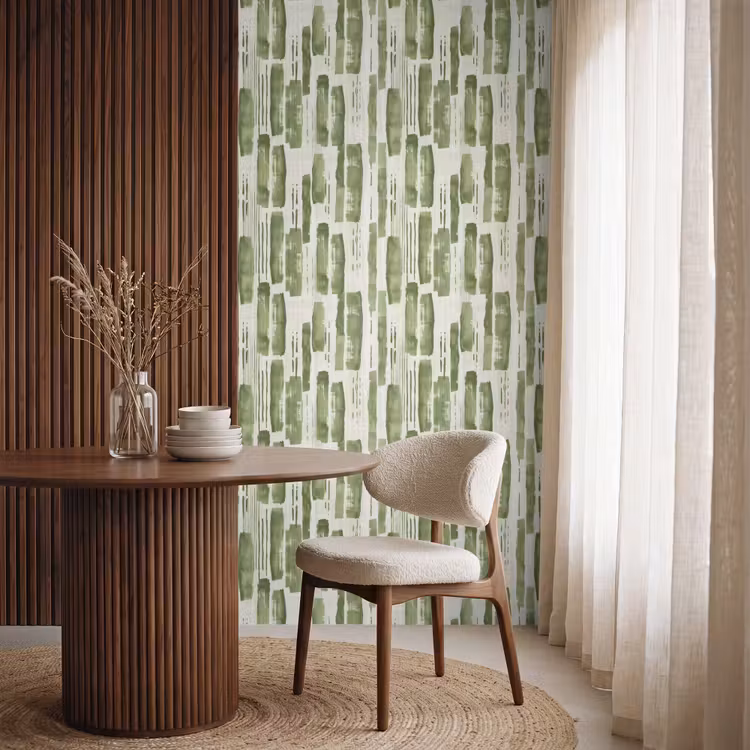 Behang - Groen - Abstract - Penseelstreken - Linnen - Patroon — 4