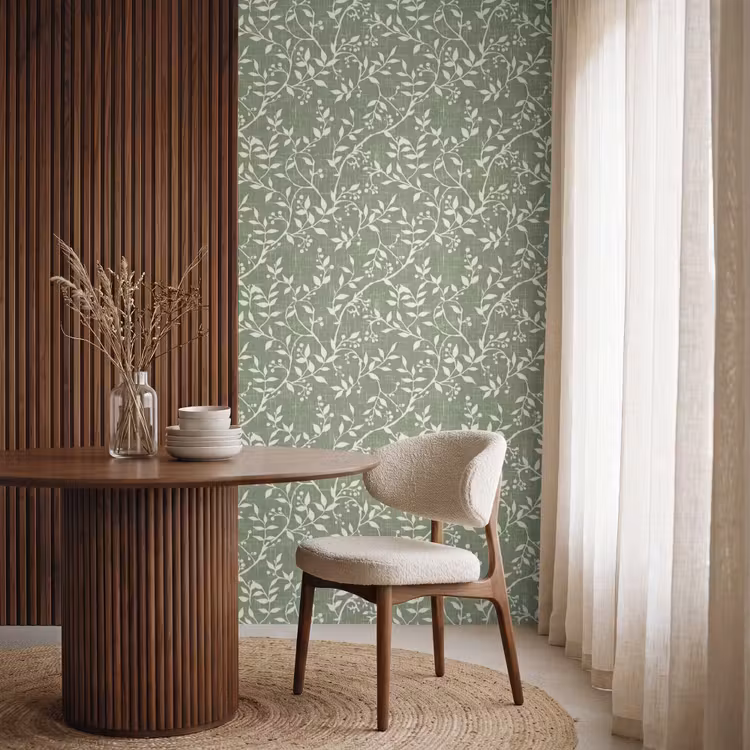 Behang - Saliegroen - Botanisch - Takken - Besjes - Linnen - Patroon — 4