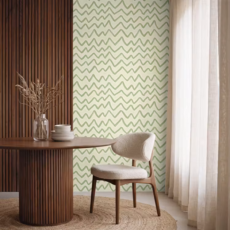 Behang - Saliegroen - Zigzag - Handgetekend - Patroon — 4