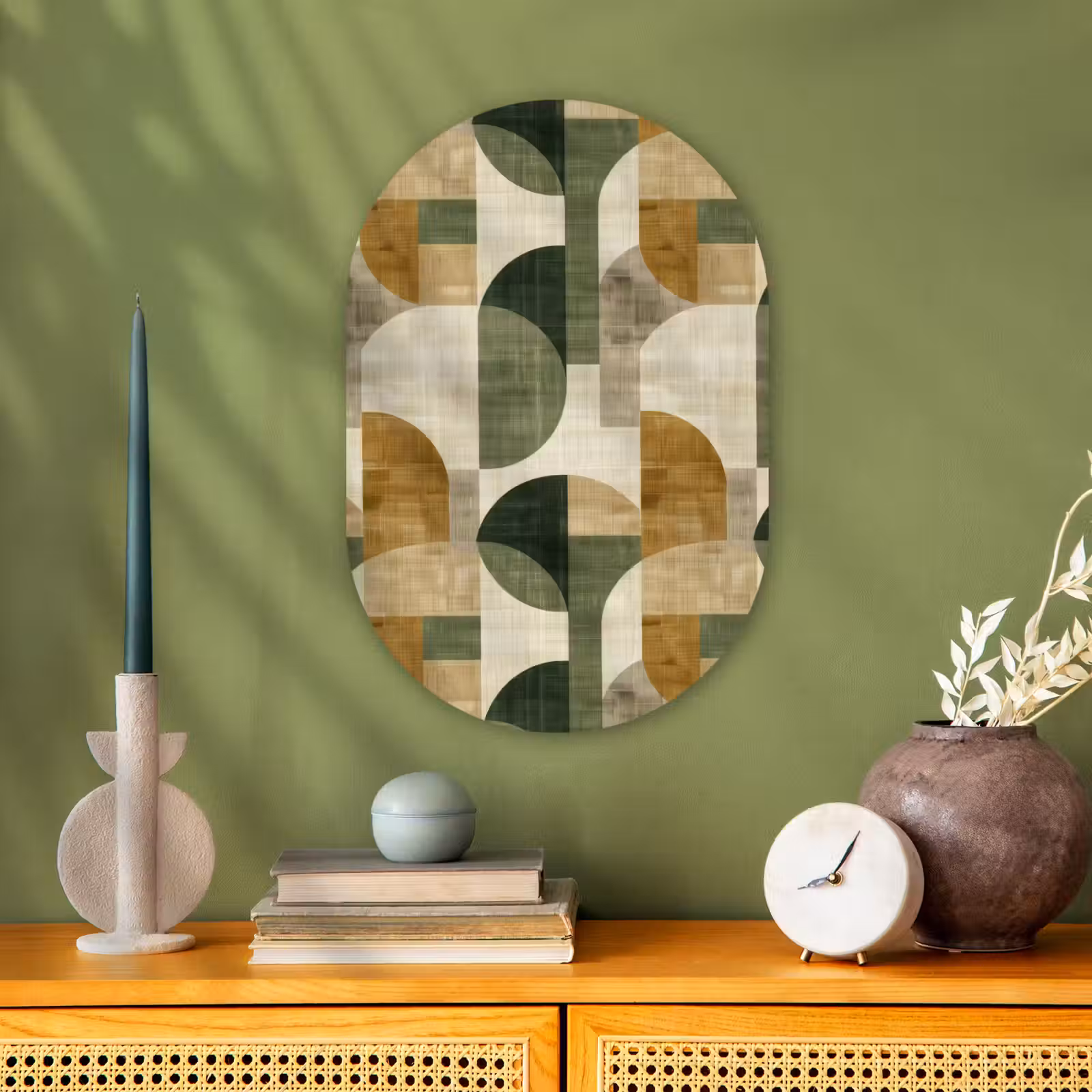 Muurovaal - Olijfgroen - Geometrisch - Abstract - Mid-Century - Linnen - Patroon — 1