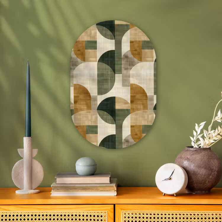 Muurovaal - Olijfgroen - Geometrisch - Abstract - Mid-Century - Linnen - Patroon — 1