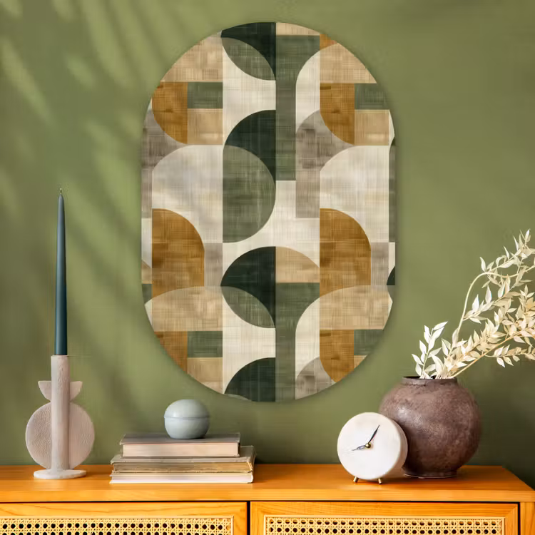 Muurovaal glas - Olijfgroen - Geometrisch - Abstract - Mid-Century - Linnen - Patroon — 2