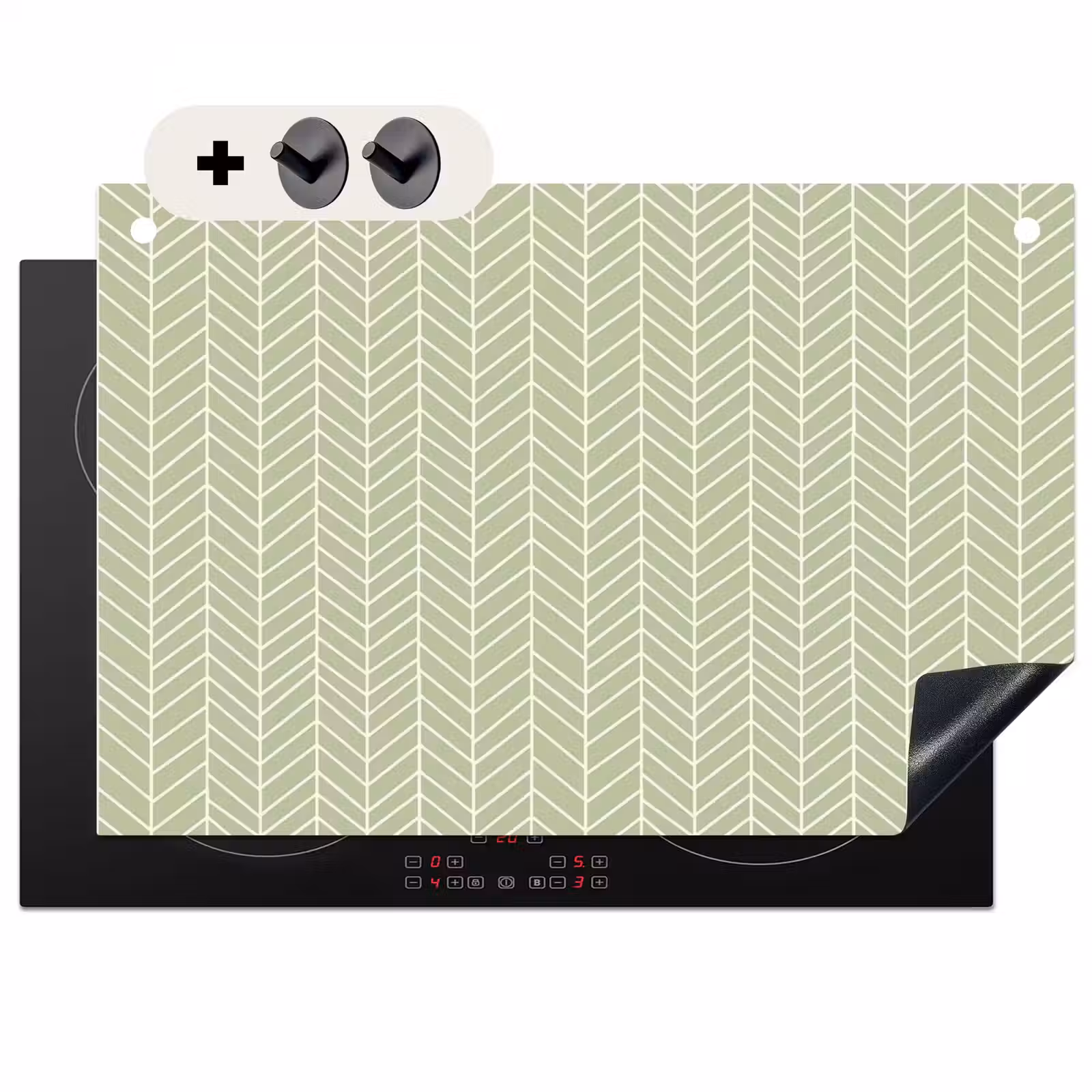 Inductiebeschermer & spatscherm (2in1) - Saliegroen - Visgraat - Geometrisch - Patroon — 1