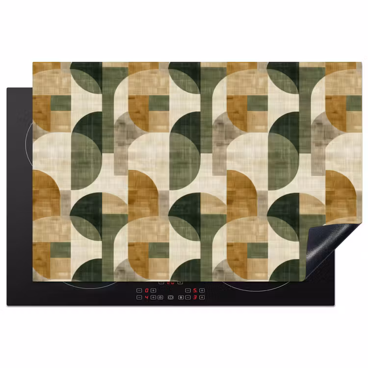 Inductiebeschermer - Olijfgroen - Geometrisch - Abstract - Mid-Century - Linnen - Patroon — 1