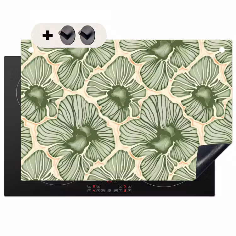 Inductiebeschermer & spatscherm (2in1) - Groen - Botanisch - Bloemen - Organisch - Patroon — 1