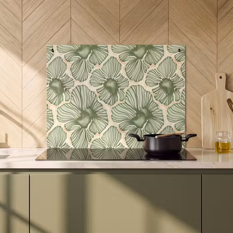 Inductiebeschermer & spatscherm (2in1) - Groen - Botanisch - Bloemen - Organisch - Patroon — 2