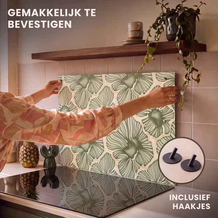 Inductiebeschermer & spatscherm (2in1) - Groen - Botanisch - Bloemen - Organisch - Patroon — 7