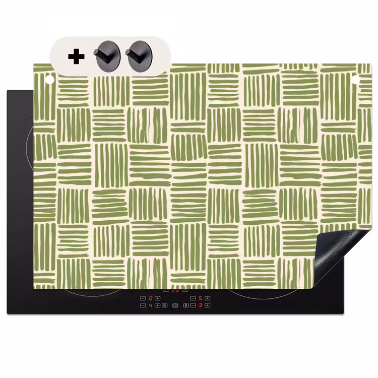 Inductiebeschermer & spatscherm (2in1) - Saliegroen - Blokken - Handgetekend - Patroon — 1