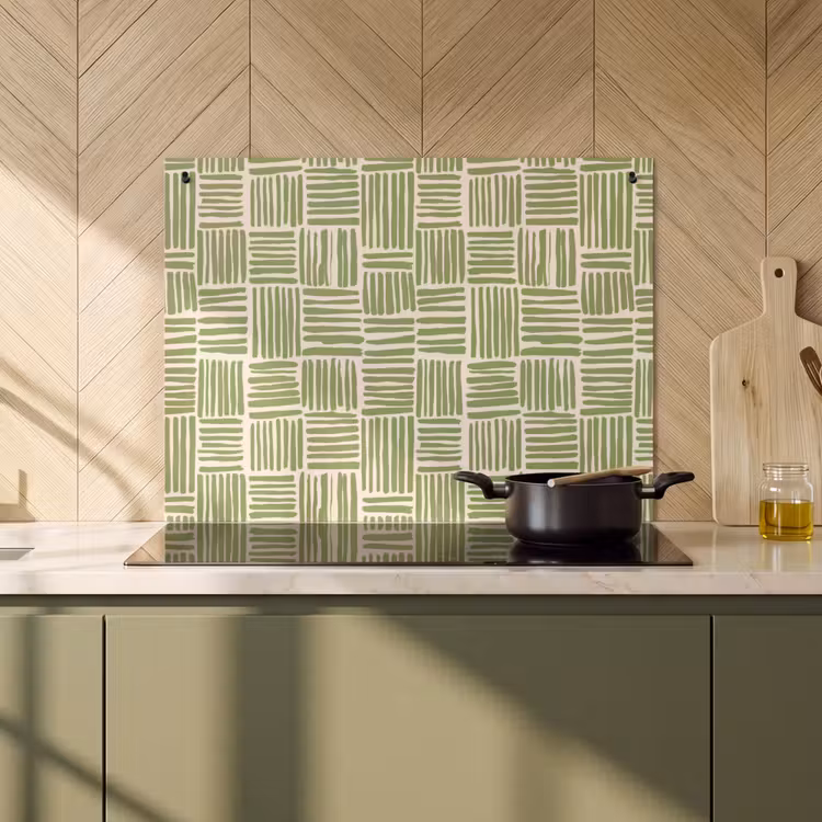 Inductiebeschermer & spatscherm (2in1) - Saliegroen - Blokken - Handgetekend - Patroon — 2