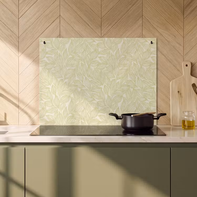 Inductiebeschermer & spatscherm (2in1) - Saliegroen - Botanisch - Bladeren - Handgetekend - Patroon — 2