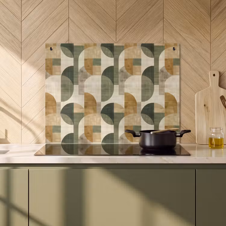 Inductiebeschermer & spatscherm (2in1) - Olijfgroen - Geometrisch - Abstract - Mid-Century - Linnen - Patroon — 2